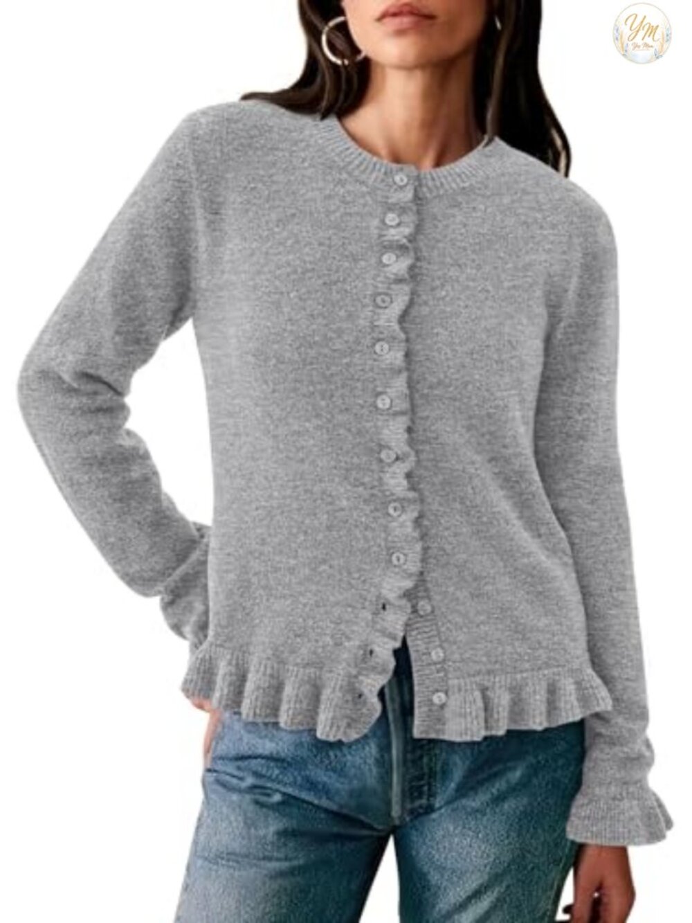 Women's Chunky Knit Cropped Cardigan Sweater Long Sleeve Button Down Ruffled